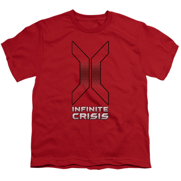 Red youth t-shirt for ages 8 to 12 with Infinite Crisis Title graphic