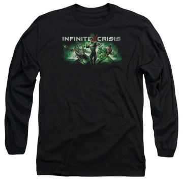 Black men's long sleeve t-shirt with Infinite Crisis Ic Green graphic