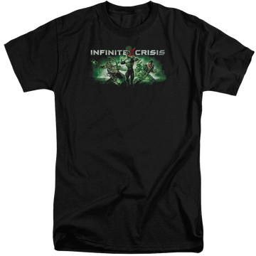 Black men's tall fit t-shirt with Infinite Crisis Ic Green graphic