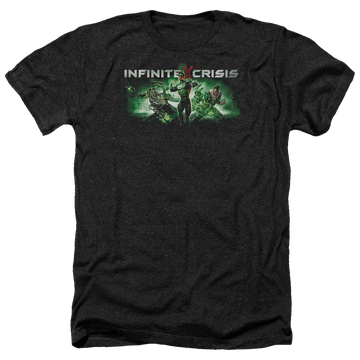 Charcoal men's heather t-shirt with Infinite Crisis Ic Green graphic