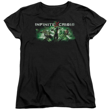 Black women's t-shirt with Infinite Crisis Ic Green graphic