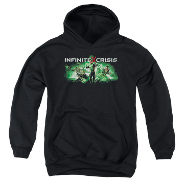 Black youth hoodie for ages 8 to 12 with Infinite Crisis Ic Green graphic