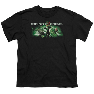 Black youth t-shirt for ages 8 to 12 with Infinite Crisis Ic Green graphic