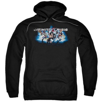 Black pullover hoodie with Infinite Crisis Ic Blue graphic