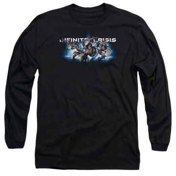 Black men's long sleeve t-shirt with Infinite Crisis Ic Blue graphic