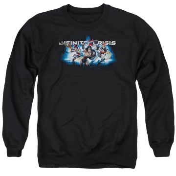 Black men's crewneck sweatshirt with Infinite Crisis Ic Blue graphic