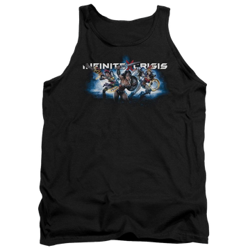 Black men's tank with Infinite Crisis Ic Blue graphic