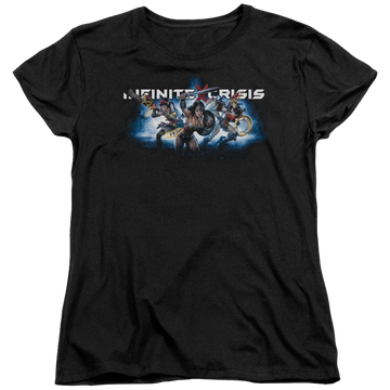 Black women's t-shirt with Infinite Crisis Ic Blue graphic