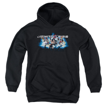 Black youth hoodie for ages 8 to 12 with Infinite Crisis Ic Blue graphic
