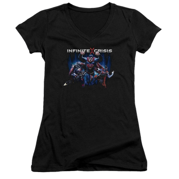 Black juniors v-neck t-shirt with Infinite Crisis Ic Super graphic