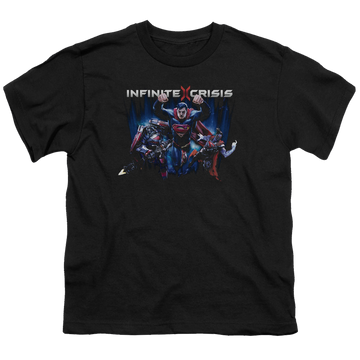 Black youth t-shirt for ages 8 to 12 with Infinite Crisis Ic Super graphic