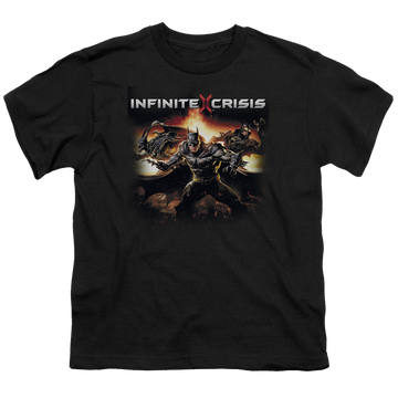 Black youth t-shirt for ages 8 to 12 with Infinite Crisis Batmen graphic