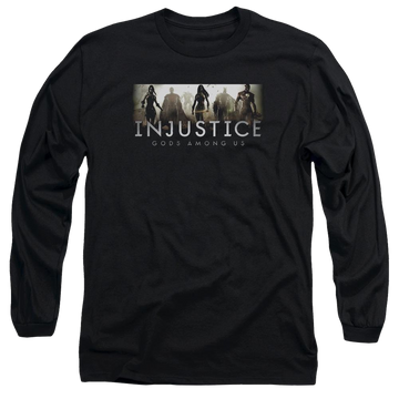 Black men's long sleeve t-shirt with Injustice Gods Among Us Logo graphic