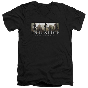 Black men's v-neck t-shirt with Injustice Gods Among Us Logo graphic