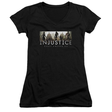 Black juniors v-neck t-shirt with Injustice Gods Among Us Logo graphic