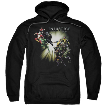 Black pullover hoodie with Injustice Gods Among Us Good Vs Evil graphic