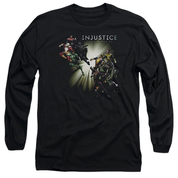 Black men's long sleeve t-shirt with Injustice Gods Among Us Good Vs Evil graphic