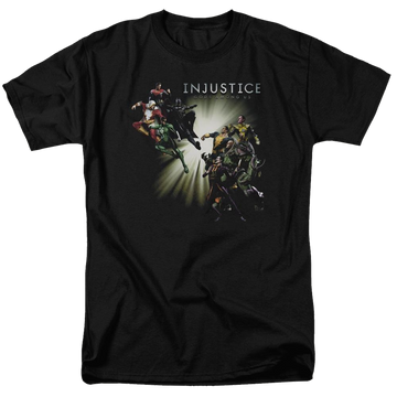 Black men's regular fit t-shirt with Injustice Gods Among Us Good Vs Evils graphic
