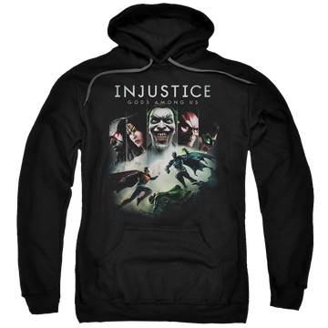 Black pullover hoodie with Injustice Gods Among Us Key Art graphic
