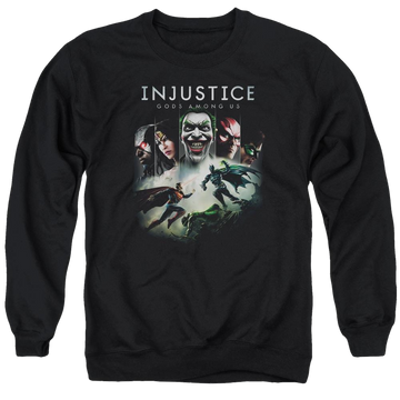 Black men's crewneck sweatshirt with Injustice Gods Among Us Key Art graphic