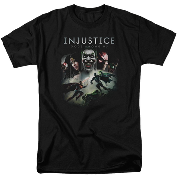 Black men's regular fit t-shirt with Injustice Gods Among Us Key Art graphic