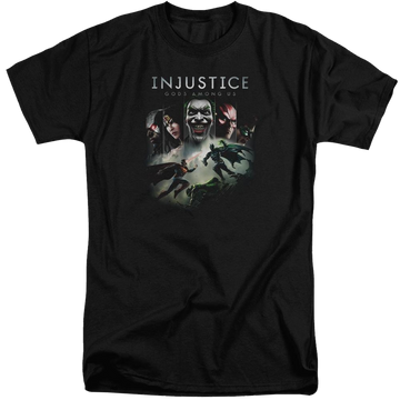 Black men's tall fit t-shirt with Injustice Gods Among Us Key Art graphic