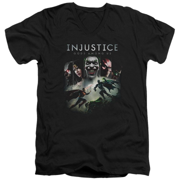 Black men's v-neck t-shirt with Injustice Gods Among Us Key Art graphic