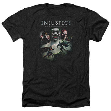 Charcoal men's heather t-shirt with Injustice Gods Among Us Key Art graphic
