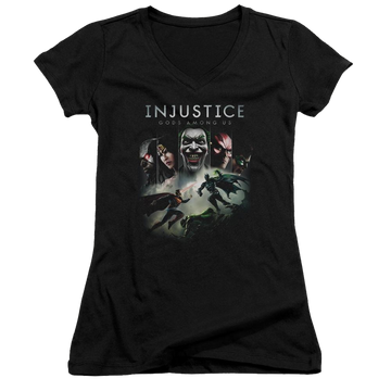 Black juniors v-neck t-shirt with Injustice Gods Among Us Key Art graphic