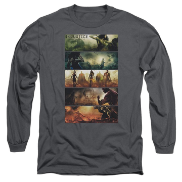 Charcoal men's long sleeve t-shirt with Injustice Gods Among Us Panels graphic