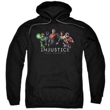 Black pullover hoodie with Injustice Gods Among Us Injustice League graphic
