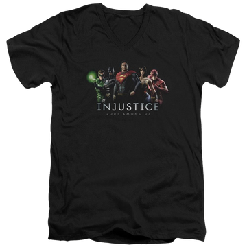 Black men's v-neck t-shirt with Injustice Gods Among Us Injustice League graphic
