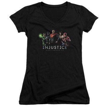 Black juniors v-neck t-shirt with Injustice Gods Among Us Injustice League graphic