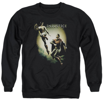 Black men's crewneck sweatshirt with Injustice Gods Among Us Battle Of The Gods graphic