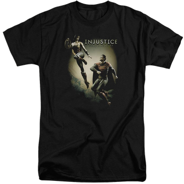 Black men's tall fit t-shirt with Injustice Gods Among Us Battle Of The Gods graphic