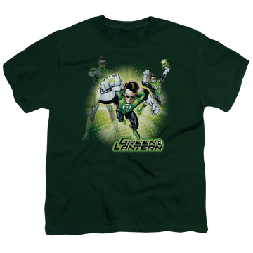 Hunter green youth t-shirt for ages 8 to 12 with Green Lantern Lantern Burst graphic