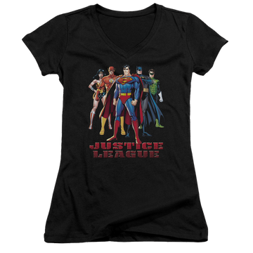Black juniors v-neck t-shirt with Justice League In League graphic