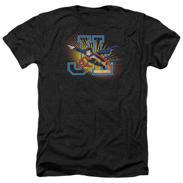 Charcoal men's heather t-shirt with Justice League Heroes United graphic