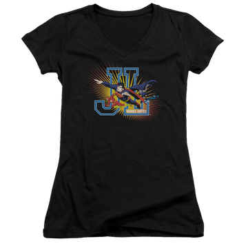 Black juniors v-neck t-shirt with Justice League Heroes United graphic