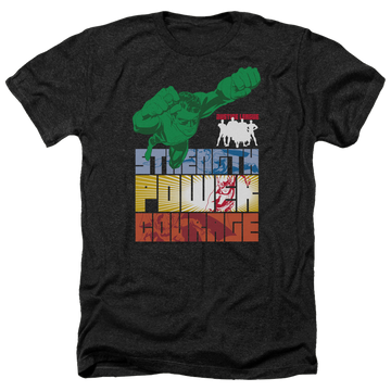Charcoal men's heather t-shirt with Justice League Heroic Qualities graphic