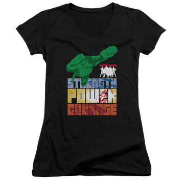 Black juniors v-neck t-shirt with Justice League Heroic Qualities graphic