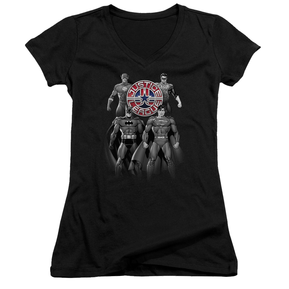 Justice League Shades Of Gray Juniors V-Neck T-Shirt Juniors V-Neck T-Shirt Justice League   