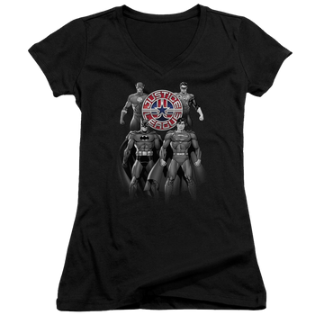 Black juniors v-neck t-shirt with Justice League Shades Of Gray graphic