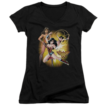 Black juniors v-neck t-shirt with Justice League Wonder Woman graphic