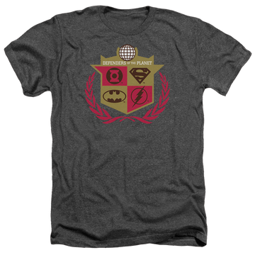Charcoal men's heather t-shirt with Justice League Defenders graphic