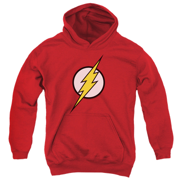 Red youth hoodie for ages 8 to 12 with Flash Logo graphic