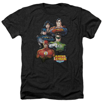 Charcoal men's heather t-shirt with Justice League Group Portrait graphic