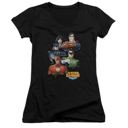 Justice League Group Portrait Juniors V-Neck T-Shirt Juniors V-Neck T-Shirt Justice League   