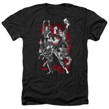 Charcoal men's heather t-shirt with Justice League Jla Explosion graphic