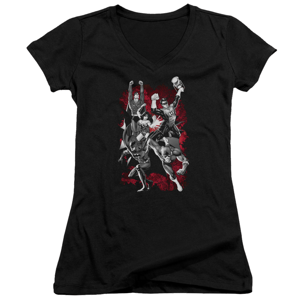 Justice League Jla Explosion Juniors V-Neck T-Shirt Juniors V-Neck T-Shirt Justice League   